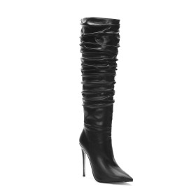 Classic Knee High Boots Fur Lined Stretchy Stiletto Patent Leather 12 cm High Heels Winter Slouch