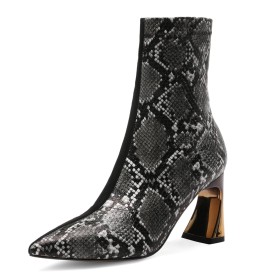 Fashion Snake Printed Fur Lined Booties Suede Chunky Hee Pointed Toe Leather Sculpted Heel High Heel Black Sock