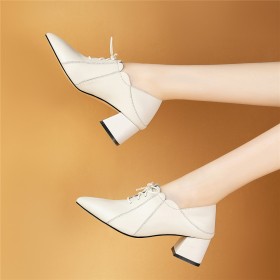 Lace Up Chunky Hee Low Heel Oxford Shoes Dressy Shoes Ivory Business Casual Pointed Toe 2022 Block Heel