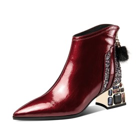 Tacón Grueso Tacon Ancho Forradas De Pelo Tacon Medio 5 cm Moda Business Casual Botines Mujer Charol De Piel