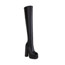 Sock Boots Overknee Schwarz Mit 15 cm Hohe Absatz Rund Stiefel Plateau Peeptoe Mit Blockabsatz