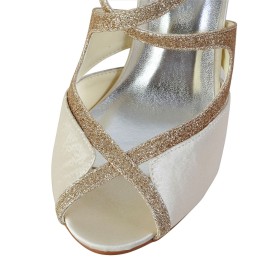 Gesp Bruidsschoenen 6 cm Middelhoge Hakken Glitter Sandalen Champagne Strappy Zomer Satijnen Peeptoe