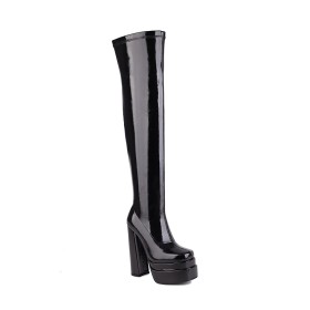 Plateau Overknee Stiefel Winter Klassisch Lederimitat Lack Stiefel Blockabsatz High Heels