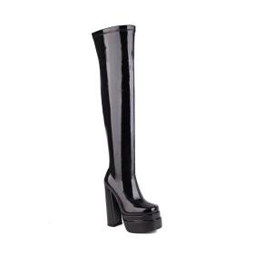 Tall Boot Block Heel Chunky Platform Classic Patent Leather Zipper 2022 Thigh High Boot For Women 15 cm High Heel Fur Lined Round Toe