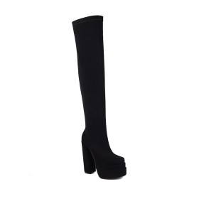 2022 Thick Heel Black Platform Thigh High Boots Classic Faux Leather Block Heels High Heel