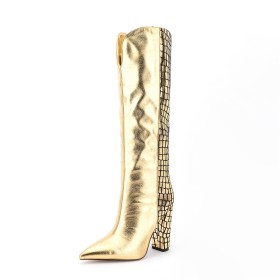 Block Heels Fur Lined Knee High Boot Patent Elegant Metallic Thick Heel Casual High Heels Faux Leather Gold Tall Boots Sparkly