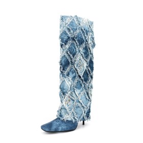 Knee High Boot For Women Light Blue Fold Over Fringe Fur Lined Tall Boots Square Toe Stilettos 11 cm High Heeled Denim