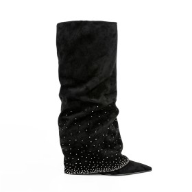 Fur Lined 2023 Rhinestones 4 inch High Heeled Suede Riding Boots Boots Wedge Vintage Stylish Leather