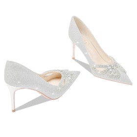 Stilettos Gorgeous Elegant Silver Wedding Shoes For Bridal 3 inch High Heel Pointed Toe Party Shoes Pumps With Rhinestones Sparkly