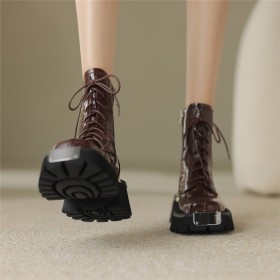 Goth Stylish Ankle Boots Lace Up Patent Going Out Footwear Fur Lined Combat Flat Shoes Leather