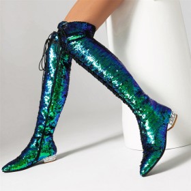 Tall Boot Fur Lined Sequin Pole Dance Shoes Flat Shoes Over Knee Boots For Women Sparkly