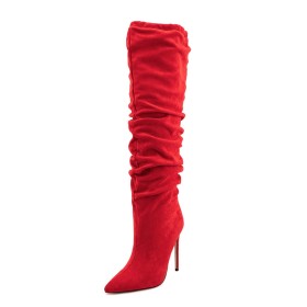 Knee High Boot 12 cm High Heels Tall Boots Comfort Suede Casual Stilettos 2024 Fur Lined Red Pointed Toe