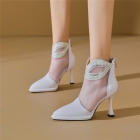 White Tulle Rhinestones Sparkly High Heels Patent Leather Stiletto Heels Business Casual Booties For Women