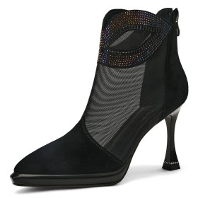 Business Casual Zwarte 9 cm Highheel Suède Sparkle Enkellaarsjes Visnet