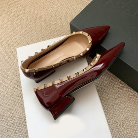 Chaussure Pour Femme Talon Carré Bordeaux Cuir Talon Epais Escarpin Clouté A Talon 3 cm