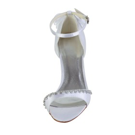 Chaussure De Mariée Blanche Laniere Compensées Bride Cheville D Ete A Talon Mi Haut Bout Ouvert Élégant Sandale Femme Ceremonie