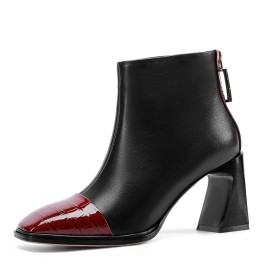 Patent Leather With Color Block Business Casual Leather Booties Comfortable Chunky High Heels Block Heels Fur Lined