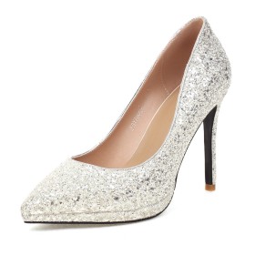 Party Shoes Sparkly Pumps Wedding Shoes For Women 10 cm High Heel Glitter Closed Toe Elegant Silver Womens Footwear