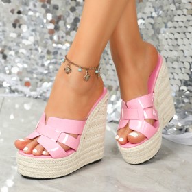 D Ete Plage Confortable À Talon Plateforme Sandales Bout Ouvert Mules Espadrille Compensée Rose Vernis