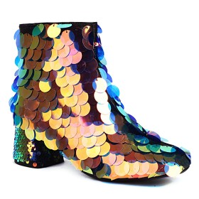 Block Heel Sequin Ombre Mid Heel Gold Fur Lined Ankle Boots For Women Stylish Chunky Heel Closed Toe