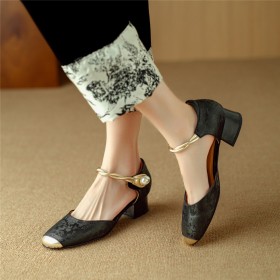 With Pearls Chinese Style Comfort 4 cm Low Heel Elegant Ankle Strap Chunky Heel Leather Business Casual Block Heel Round Toe Satin Leather