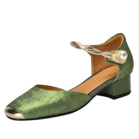 Ankle Strap Casual With Flower Going Out Shoes Beautiful Pearls Block Heels Green D orsay Chunky Heel Satin Textured Leather Chinese Style Leather Comfort Business Casual Low Heeled
