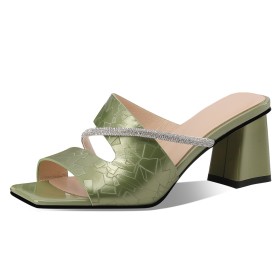 Sandals Satin Textured Leather Chunky 6 cm Heel Block Heels Slip On Embossed Elegant Peep Toe