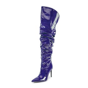 Overknee Boots Bottes Hautes Femme Bout Pointu Bleu Roi Talons Aiguilles Vernis Plissées Tombantes À Talon