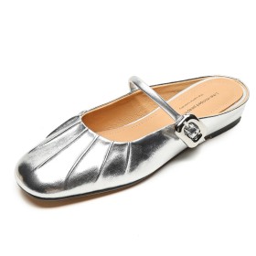 Ankle Strap Womens Footwear Leather Belt Buckle Flat Shoes Slipper Going Out Footwear Sparkly Round Toe Mules Comfort