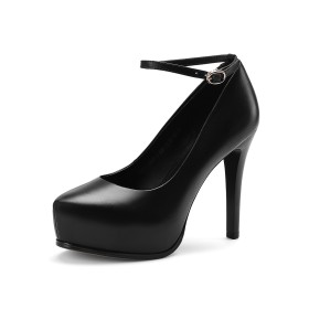 Platform Red Bottoms Stilettos Pumps Grained Classic Slip On Leather With Ankle Strap Black 11 cm High Heel Closed Toe