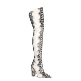 Sexy Thick Heel Block Heel Going Out Shoes 4 inch High Heeled Pointed Toe Gradient Thigh High Boots Classic Snake Printed Embossed