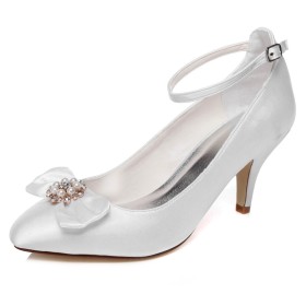 White Pointed Toe 3 inch High Heel Ankle Strap With Bow Pearls Wedding Shoes For Bridal Dress Shoes