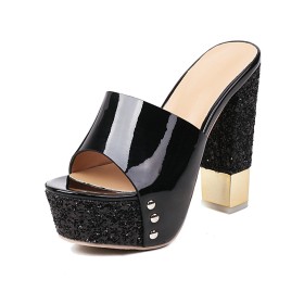 Classic Leather Womens Sandals Chunky Heel 5 inch High Heel Glitter Peep Toe Black Block Heel