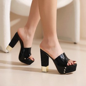 Classic Leather Womens Sandals Chunky Heel 5 inch High Heel Glitter Peep Toe Black Block Heel