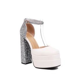 High Heel Classic Glitter Platform Faux Leather Ankle Strap Sandals Chunky Heel White Block Heels Sparkly