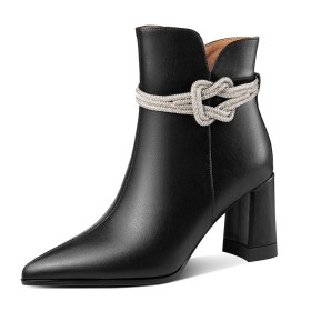 Booties Rhinestones Modern Fur Lined Leather Block Heels Elegant Mid Heel