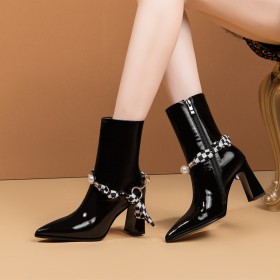 Checkered Ankle Boots For Women Leather With Pearls Block Heels Pointed Toe Business Casual Modern Patent Leather Beautiful Thick Heel High Heels