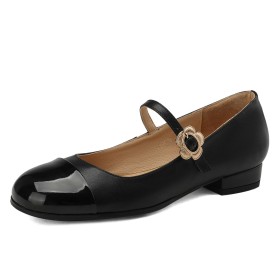 Comfortable With Buckle Black Flats Leather Color Block Cute Round Toe Mary Jane