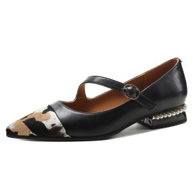 Blockklack Bekväma Läder Mode Leopard Mary Jane Ankelrem Business Casual Spetsiga Tå Snygga Pärlor 3 cm Låg Klack