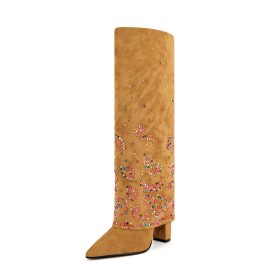 Suede Rhinestones 4 inch High Heeled Fold Over Fashion Knee High Boots For Women Riding Boot Vintage Thick Heel Block Heel Tall Boot