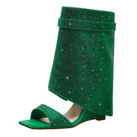 Dress Shoes With Buckle Green Mid Calf Boot For Women Open Toe With Rhinestones Faux Leather Sandal Boots High Heels Wedge Fashion Going Out Footwear Bohemian Sandals