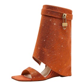 Dress Shoes Boots Faux Leather Orange 8 cm High Heel Rhinestones Sandals Wedge With Metal Jewelry Sandal Boots Bohemian