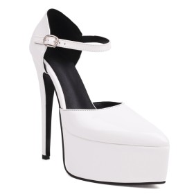 Fashion Classic Belt Buckle White 15 cm High Heels Ankle Strap Platform Faux Leather Pointed Toe Sandals For Women Dressy Shoes Stiletto Heels