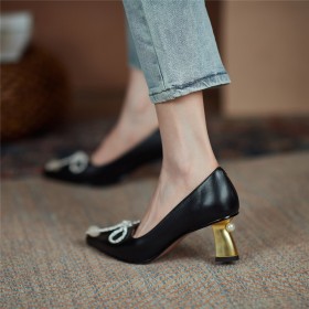 Pumps 6 cm Heel Womens Shoes Leather With Pearls Elegant Business Casual Black