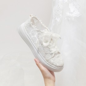 Sneakers With Bow White Flats Comfort Wedding Shoes For Bridal With Flower Lace