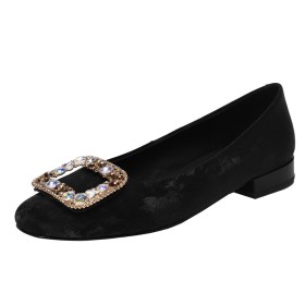 Elegant Satin Leather With Rhinestones Loafers Flats Classic Leather Black Comfort Buckle