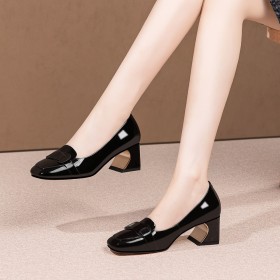 Elegante Schuhe Damen 6 cm Mittlerer Absatz Blockabsatz Schlupfschuhe Lackschuhe Klassisch