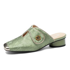 Comfort Block Heel Chinese Style Green Mules Leather Chunky Heel 1 inch Low Heel Slipper