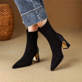 Talons Epais Noire Talon Carré Cuir Belle A Talon Haut 8 cm Chaussures Ceremonie Daim Habillées Bottine Classique Chaussette