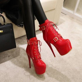 Round Toe Red Studded Lace Up Stilettos With Metal Jewelry Ankle Boots Platform Heel Faux Leather 15 cm High Heels